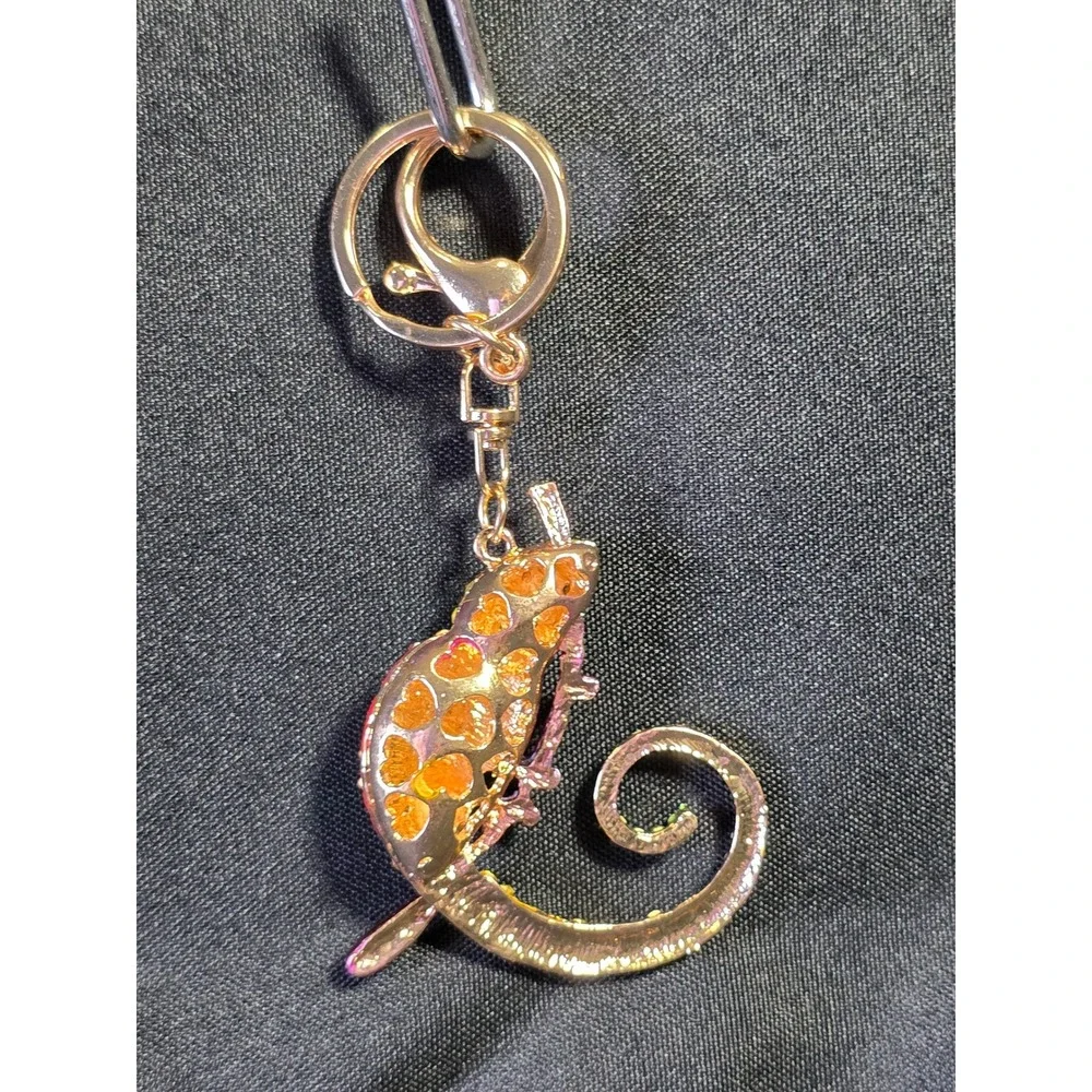 Rhinestone Chameleon Keychain Rainbow Gem Encrusted Bag Charm Rose Gold Tone